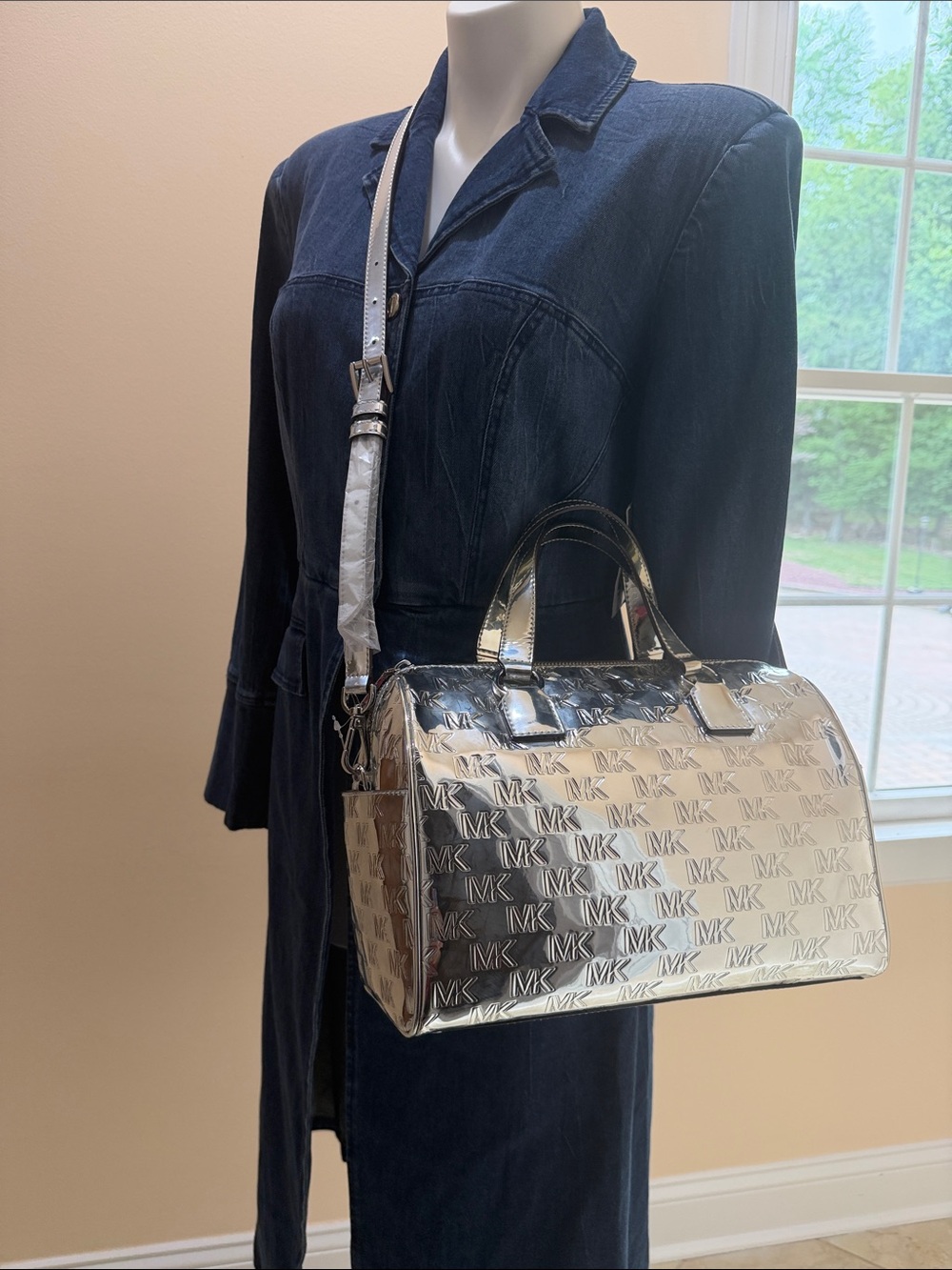 Michael Kors Mason Metallic Silver MK Monogram Satchel - Picture 7 of 10
